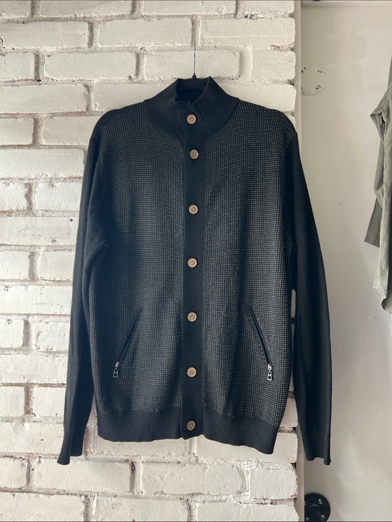 Point Zero Other - 50% merino wool Black Button-Up Knit Cardigan with Zipper Pockets and mockneck